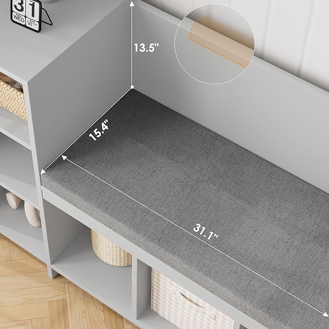 HOSTACK 67" Kids Reading Nook with Bench, Kids Bookshelf and Bookcase with Seat Cushion and 6 Storage Cubbies, Toy Storage Box on Wheels, Toy Chest for Playroom, Bedroom, School, Grey