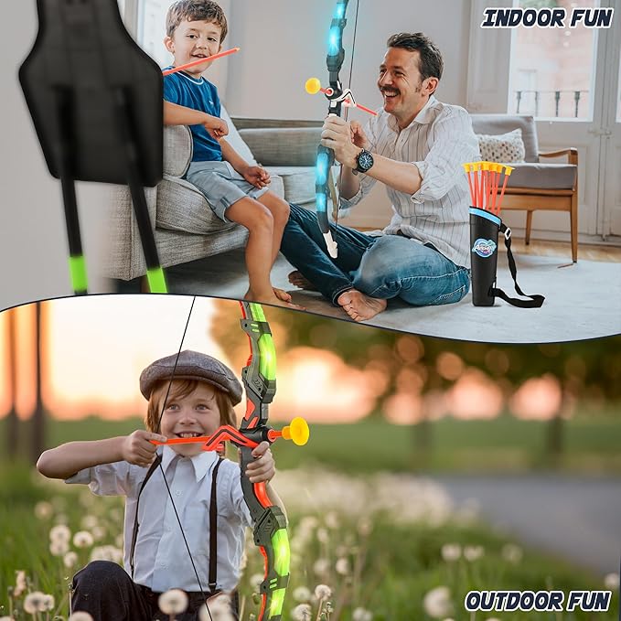 2 Pack Bow and Arrow Set with 29in Large Dart Board, LED Light Up Archery Set for Kids with 20 Suction Cup Arrows&12 Sticky Balls Standing Target Indoor Outdoor Toys Must Have for Boys Girls 3-12 yo