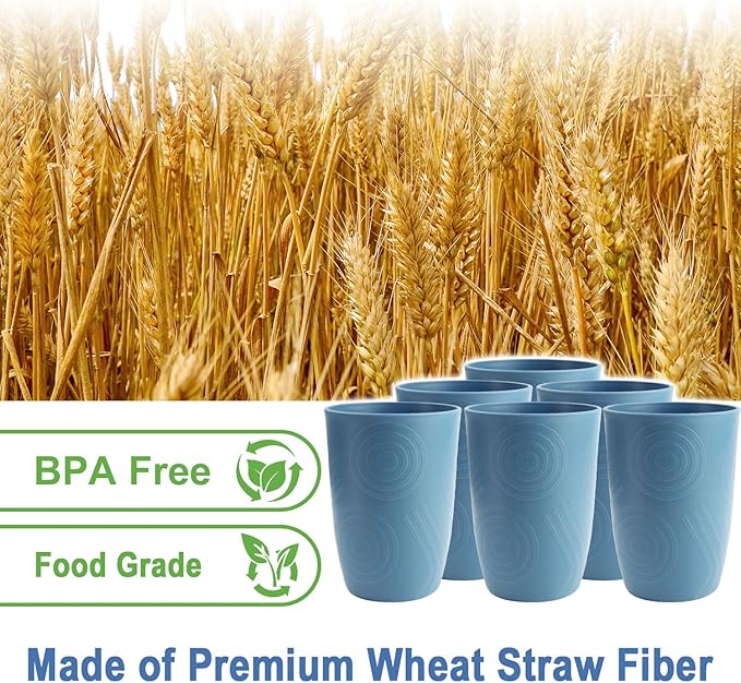 Drinking Glasses Wheat Straw Cups Alternative to Plastic Cups 16 OZ - Unbreakable Cup Set of 6 Reusable Drinking Cup Plastic Glasses Tumbler Dishwasher Safe Cups for Kitchen - Blue