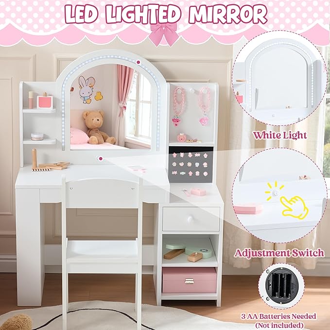 Kids Vanity Set with Lights, 2 in 1 Princess Makeup Vanity Desk with Jewelry Storage, Open Bookshelf, Storage Cabinet & Shelves for Little Girls (White)