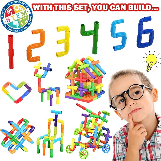 WishaLife 250 Pieces STEM Building Blocks Set, Kids Tube Locks Construction Set with Storage Box, Preschool Educational Learning Pipe Toy Gift for Toddler Aged 3+