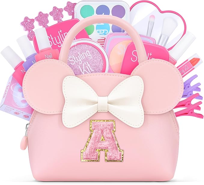 Pretend Makeup Kit for Toddlers Kids- 21Pcs Make Up Toys with Initial Toddler Purse - Birthday Gifts for 3 4 5 Years Old Girls Vanity Set Christmas Birthday Gift Pink A