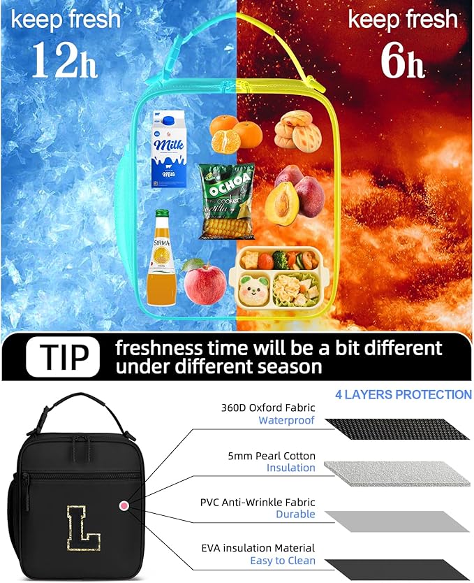 Initial Insulated Lunch Bag for Boys Kids, Back to School Gift, Reusable Leak-proof Lunch Box with Adjustable Strap for School Daycare Travel Picnic（Black，L）