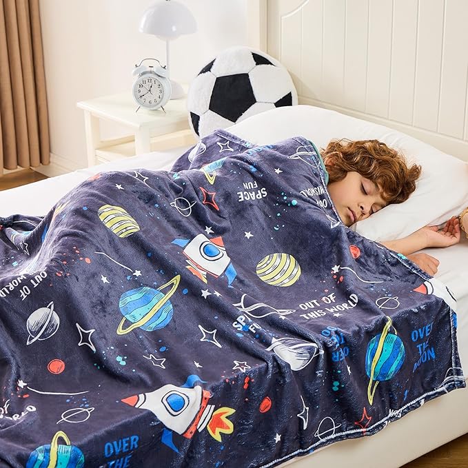 Wajade Toddler Fleece Space Blanket for Boys Kids 3D Rocket Planets Soft Throw Blanket Birthday Christmas Halloween Space Decor for Children 50"x60"