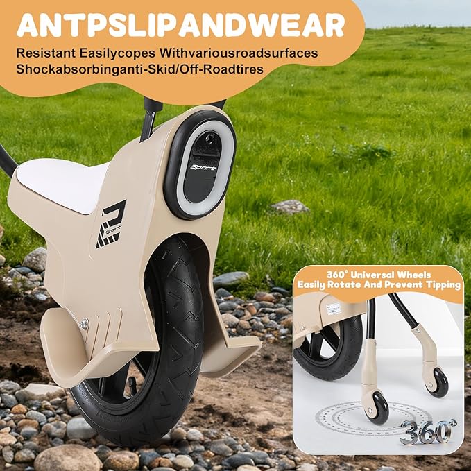 12in Hand Push Unicycle for Kids, Light Unicycle Bikes with Light/Handrails/Auxiliary Wheels, Parent-Child Unicycle Bike, Unicycle Balance Bikes, Kids Unicycle Bicycles (Khaki)