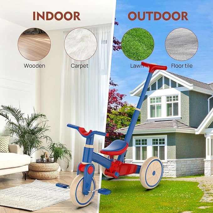 Tricycle for Toddlers 1-3 Year Olds, 5 in 1 Toddler Balance Bike with Removable Pedal, Foldable Toddler Tricycle with Push Handle(Blue)