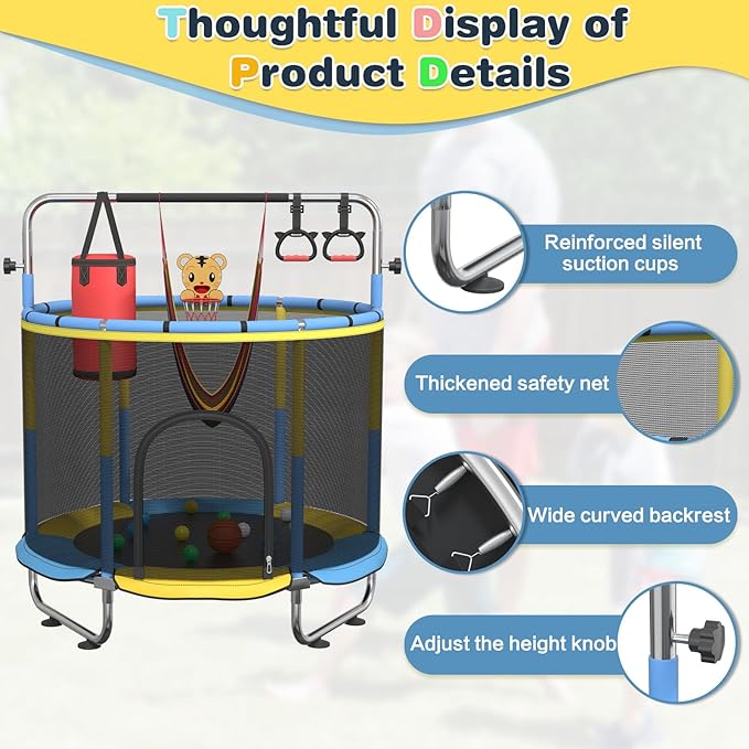 60" Trampoline for Kids, 500lbs Capacit Indoor Outdoor Toddler Trampoline with Adjustable Gymnastics Bar, Gifts for Boy Girl Age 1-8