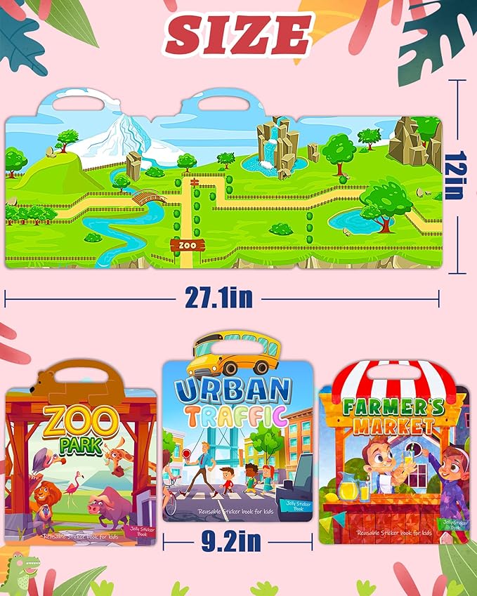 Benresive Reusable Sticker Book for Toddlers 2-4 Years, 3 Sets Travel Stickers for Kids, Waterproof Sticker Books for Toddlers 1-3, Crafts Activities for Todddlers 1-3 2-4 3-5