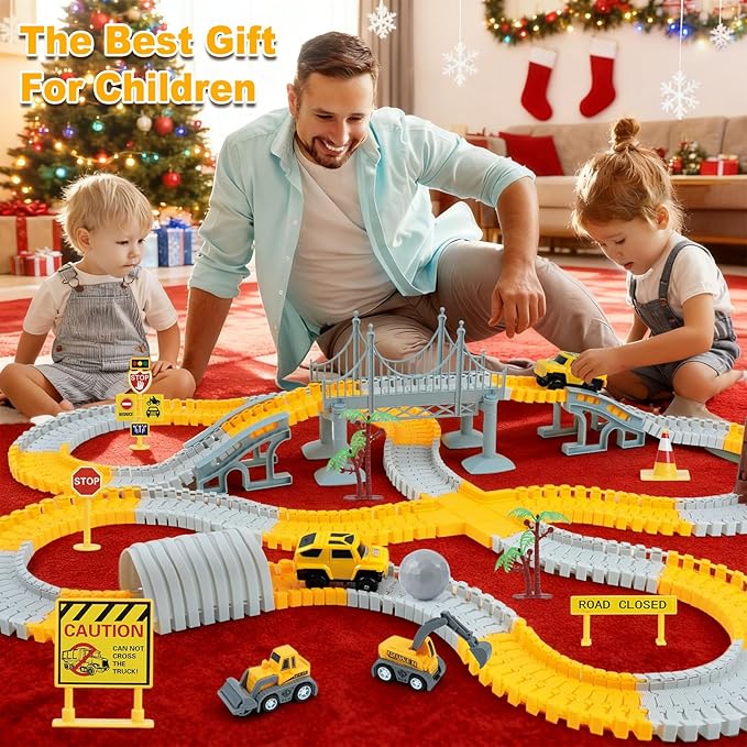 BEMITON Construction Race Track Toys for Kids - Birthday Gift for 3 4 5 6 7 Year Old Boys, 330+ PCS Track Playset with Electric Cars and Construction Trucks, DIY Engineering Road Building Sets
