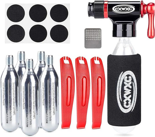 CO2 Inflator Kit with 5 X 16g CO2 Threaded Cartridges- Presta & Schrader Valve Compatible -Portable CO2 Bike Tire Pump Come with Glueles Repair Kit for Road & Mountain Bike