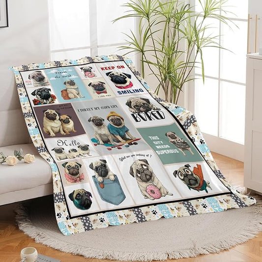 Pug Throw Blanket Pug Puppy Stuff Gifts for Dog Lover Kids Girls Boys Adults Women Men Soft Cozy Warm Plush Fluffy Fuzzy Fleece Blanket Decor 60''X80''