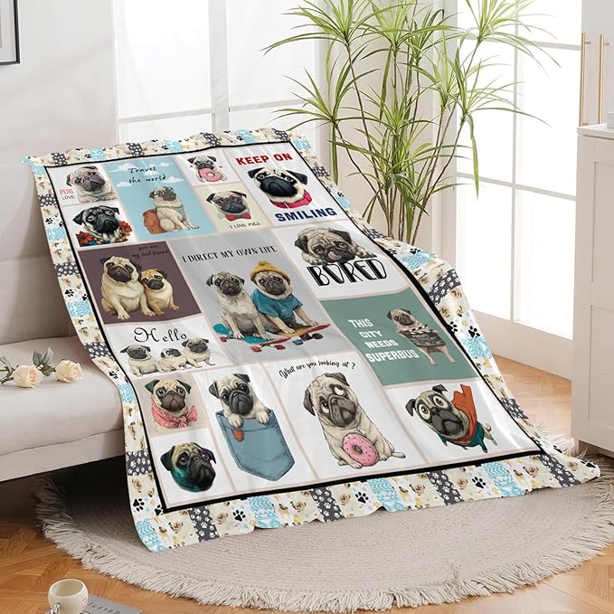 Pug Throw Blanket Pug Puppy Stuff Gifts for Dog Lover Kids Girls Boys Adults Women Men Soft Cozy Warm Plush Fluffy Fuzzy Fleece Blanket Decor 40''X50''