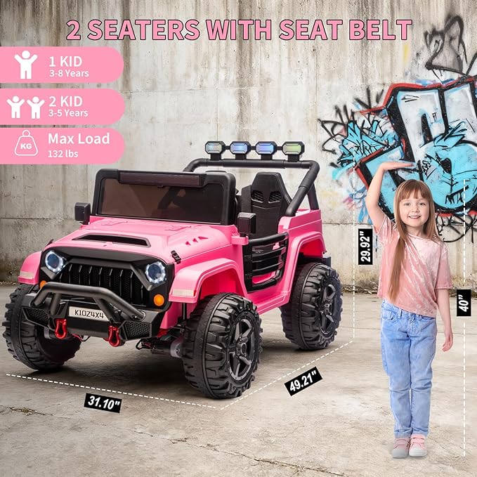 Kids 24V 2-Seater Electric Ride On Car, 4x4 Ride On Truck w/Remote Control, 4-Wheeler Suspension, 3 Speeds, Led Lights, Bluetooth, Ride on Car Toy for Kids Ages 3-8, Pink