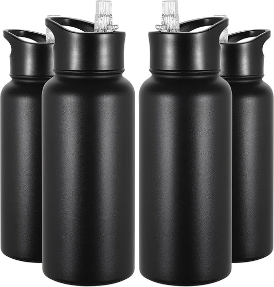 VEGOND 32 oz Insulated Water Bottle Bulk Stainless Steel Metal Water Bottles with Leak Proof Straw Lid & Spout Lid, Wide Mouth Double Walled Vacuum Travel Sports Bottle, 4 Pack