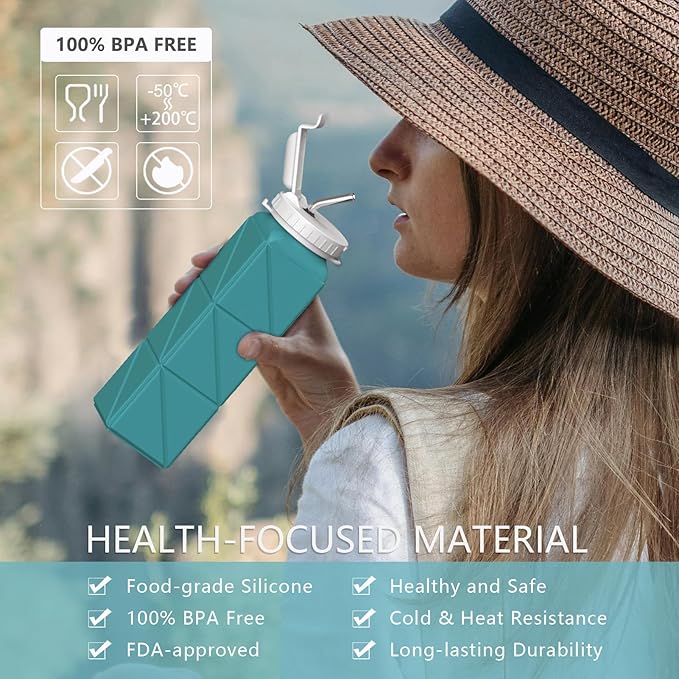 Collapsible Water Bottles with Straw 20.6oz, Silicone Foldable Portable Water Bottle, Lightweight Reusable Leakproof for Travel Camping Hiking Cycling Yoga Sports, 1 Pack (Blue)