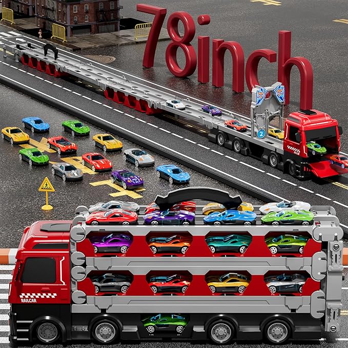 78-Inch Cars Trucks Toys for Toddler 1-3 2-4 3-5 4-7 Years Old Boys Kids, Transport Truck with 24Pcs Die-Cast Cars, Gifts for 3 4 5 6 Year Old Boys, Toddler Boy Toys Ages 3-5 4-7