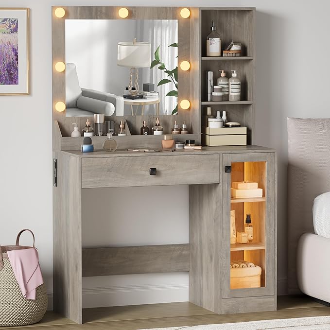 Small Vanity Desk with Mirror and Lights, Makeup Vanity Desk with Adjustable Brightness 3 Light Modes, RGB Storage Cabinet, Power Outlet, Drawer, Shelves (Driftwood Grace)