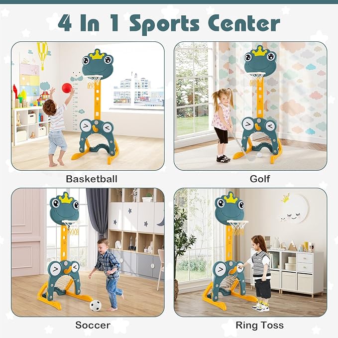 Costzon Toddler Basketball Hoop, 4-in-1 Kids Sports Activity Center with Rim, Soccer Goal, Golf, Ring Toss, Height Adjustable Kids Basketball Hoop with Fillable Base for Indoor Outdoor (Green Frog)