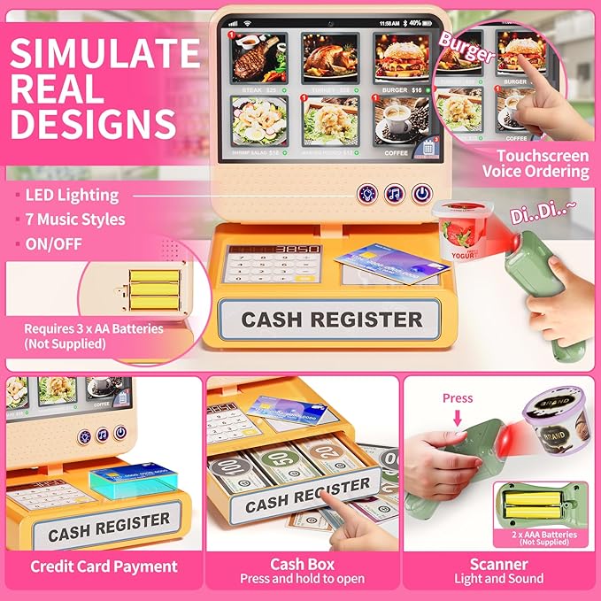 Kids Grocery Store Playset, Pretend Play Store with Kids Cash Register Scanner, Play Coffee Maker, Toy Foods,Play Money, Luxury Supermarket Toy Set, Preschool Toys for Kid Girls Gifts