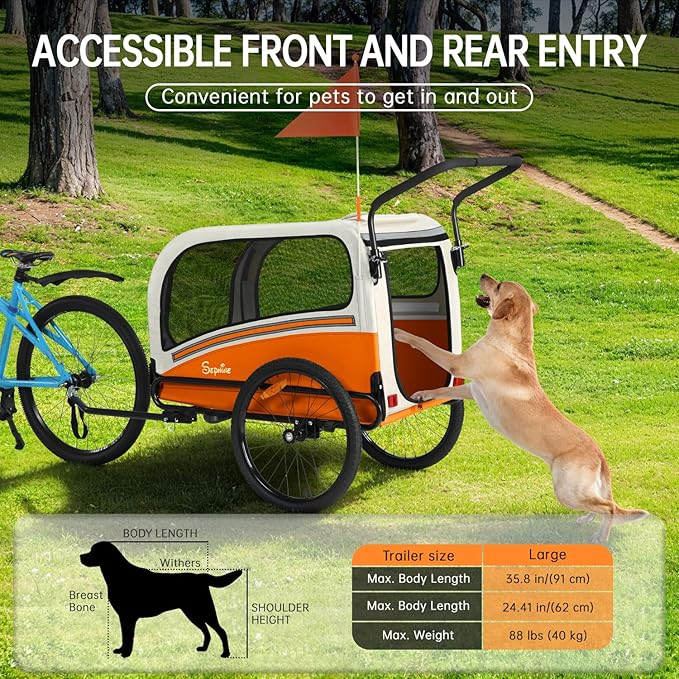 Sepnine Dog Bike Trailer, Supports up to 88 lbs, 2-in-1 Pet Stroller Cart Bicycle Carrier, Easy Folding Cart Frame with Quick Release Wheels, Universal Bicycle Coupler, Non-Slip Floor, Internal Leash