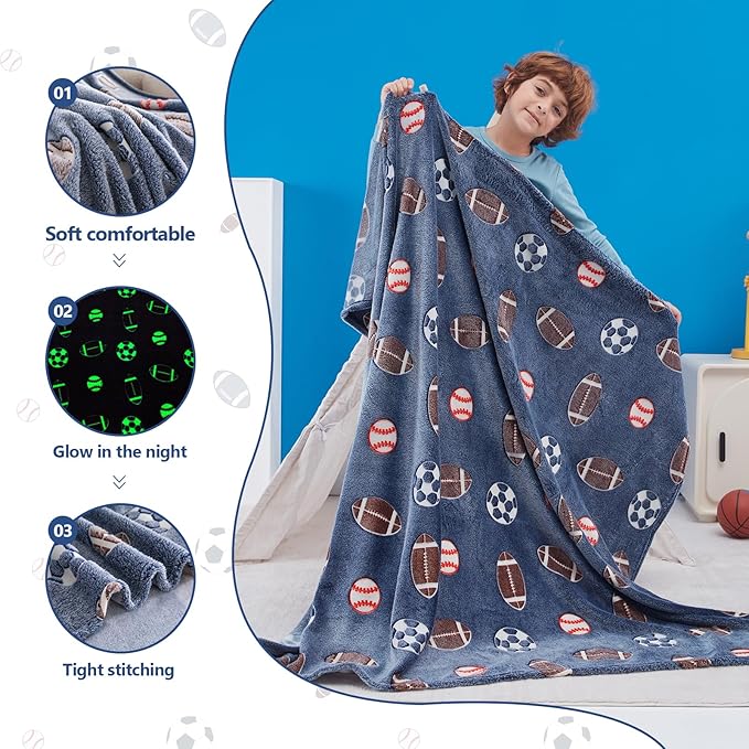 QSTEHEML Soccer Glow in The Dark Blanket,Football Gifts Toys for Kids Boys Age 3-12 Years Old,Birthday, for Toddler, Teen, Son, Soft Luminous Throw Blanket 50"×60"