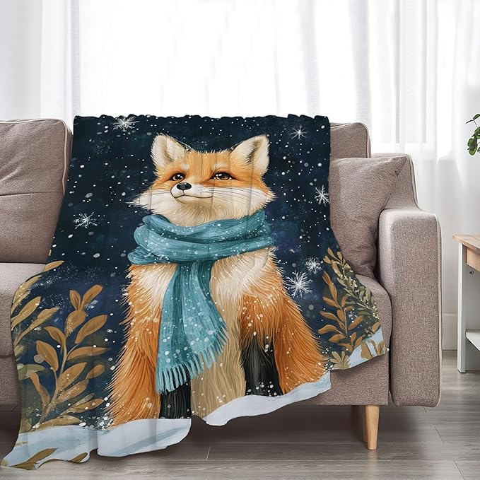 Fox Blanket Fox Decor Gifts Winter Snow Throw Blankets for Girls Boys Women Men Plush Cozy Flannel Fleece Fuzzy Blanket for Bed Couch Sofa 80"X60"