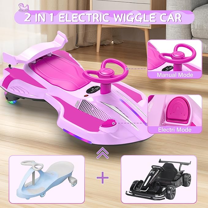 12V Electric Wiggle Car with Pedal for Kids, Rechargeable 2 in 1 Swing Car, Drifting Ride On Toys with Backrest, Anti-Rollover, Spray, Flashing Light, Music, for Ages 3 and Up, 150 Lbs (Pink)