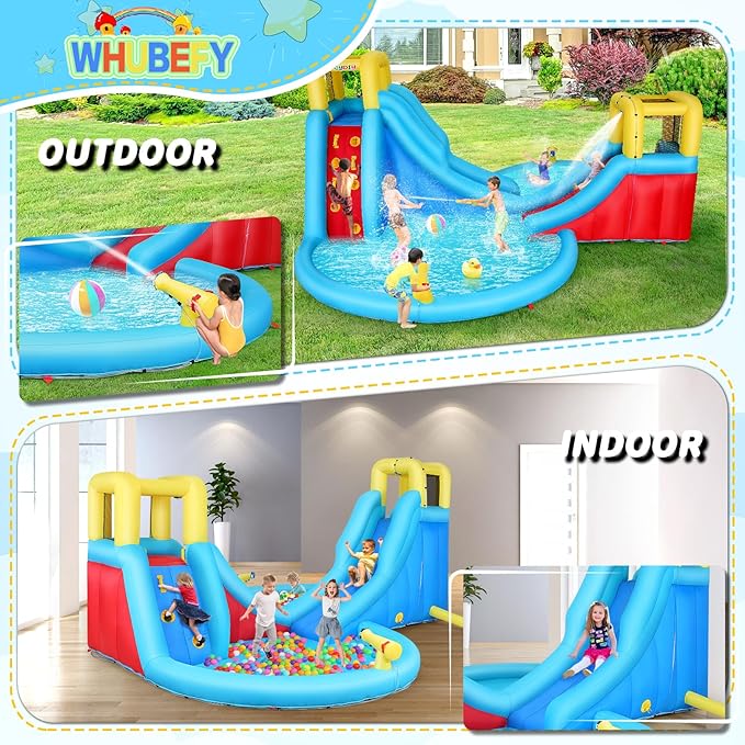 WHUBEFY Inflatable Water Slides for Kids - Blow Up Water Park with Climbing Wall, Water Gun, 2 Pool Slides