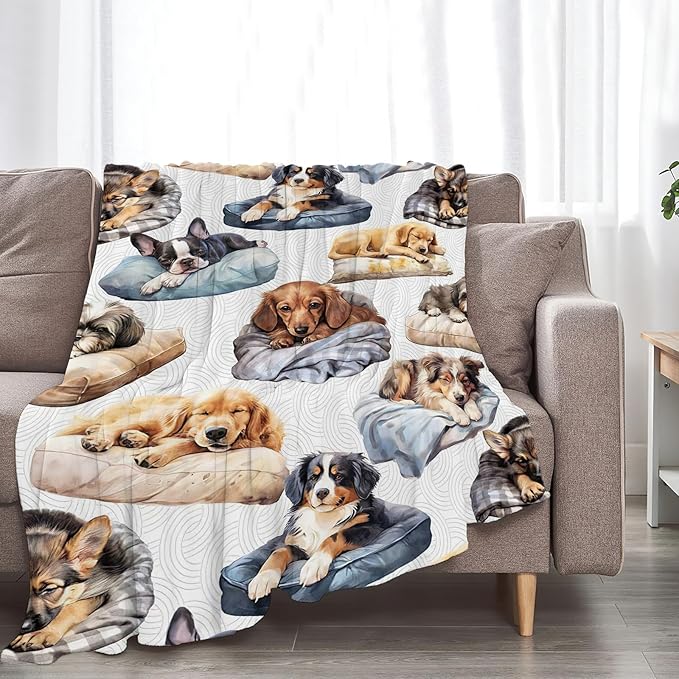 Dog Blanket Fleece Soft Warm Plush Cute Dogs Sleep Throw Blankets Lightweight Plush Fuzzy Cozy Blanket Gifts for Kids Adults Suitable for Couch Sofa Bed 60"X50"