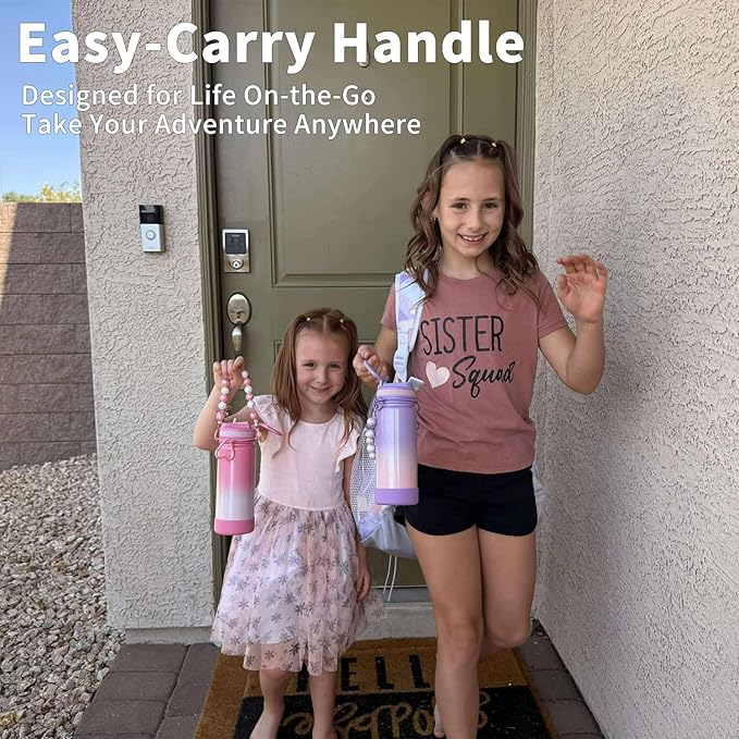 Mininoo Kids Water Bottle for School - 16 oz Stainless Steel Insulated Water Bottle with Ceramic-Lined, Leakproof Straw Lid & Beaded Handle for Girls & Boys