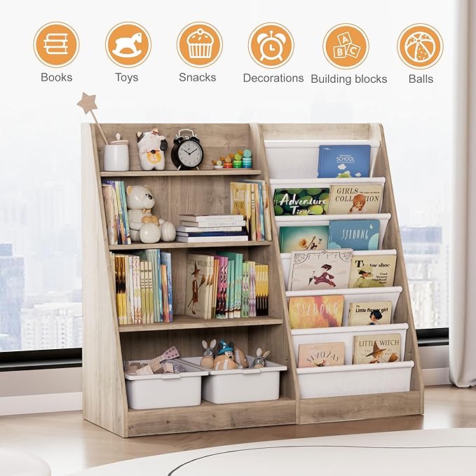 Kids Bookshelf Wood Toy Storage Organizer Cabinet Children Bookcase Toddler Baby Sling Book Rack Adjustable Shelf for Playroom Bedroom Nursery Hallway School Kindergarten