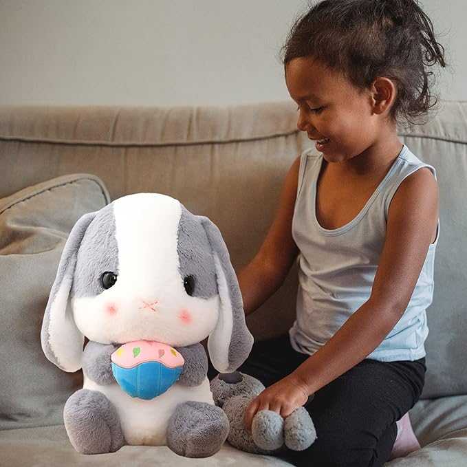 HOUPU Soft Toy - Sitting Lop Eared Rabbit, Easter White Rabbit Stuffed Bunny Animal with Carrot Soft Lovely Realistic Long-Eared Standing Pink Plush Toys (Ash White-Cake,12.5in/32cm)