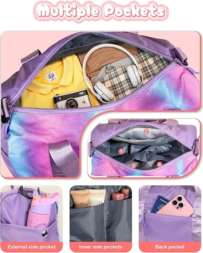 Birthday Gifts for Kid-Girl Gym Bag with Shoe Compartment, Kid Personalized Weekender Overnight Bags, Initial Travel Tote with Makeup Pouch Christmas Gifts for Kids (Letter I)