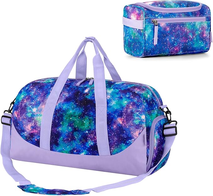 Choco Mocha Duffle Bag Kids Girls - Overnight Bags with Toiletry Bag for Weekender Travel Gym, Christmas Gifts for Girl Kid, Galaxy Purple