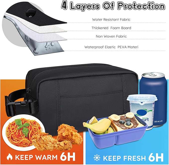 NOL Natural Organic Lifestyle Freezable Snack Bag, Leakproof Cooler Lunch Bag, Reusable, Zip Closure with Buckle Handle Nylon Waterproof Snack Box for Work Travel-Black