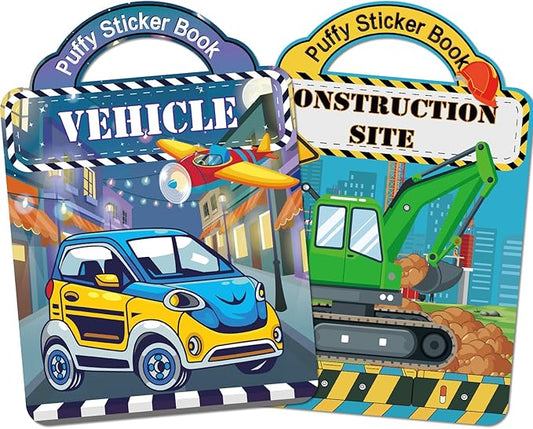 2 Pack Puffy Sticker Books for Kids Ages 3-5, Construction Truck and Vehicle Car Stickers for Toddlers Boys, 3D Reusable Stickers Books for Toddlers, Activity Book for Boys Party