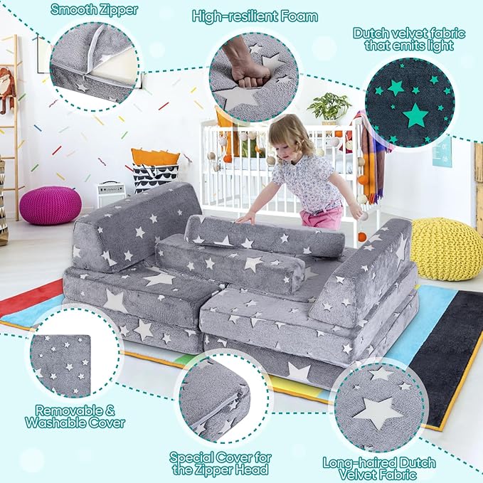 13 PCS Kids Play Couch, Modular Glowing Kids Toddler Couches, Kid Play Couch Sofa for Playroom and Bedroom (Grey)