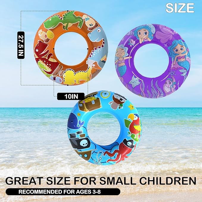 3-Pack Kids Pool Floats with Dinosaur/Pirate/Mermaid Design – Pool Toys for Toddler, 27.5“ Inflatable Swim Rings, Inner Tube for Floating Age 3-8，Premium Floaties & Water Toys for Summer Beach Party