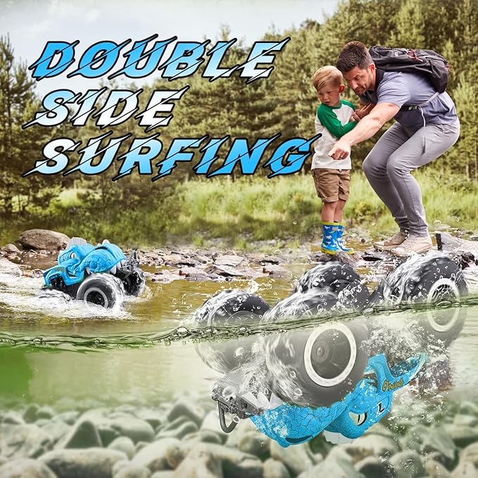 Amphibious Monster Truck Toys, 1:20 Waterproof Dinosaur Monster Trucks for Boys Age 4-7, 2.4GHz All Terrain RC Cars with 2 Batteries, 360° Rotating Stunt RC Car Toy Birthday Gift for Kids 3-5