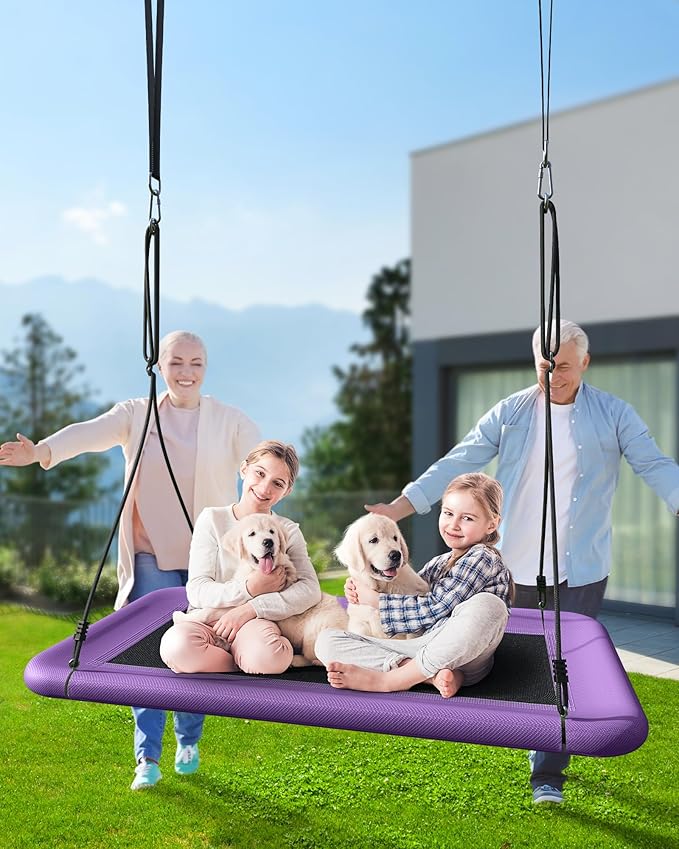 Tree Swing for Kids and Adults, 60" Waterproof Rectangle Platform Swing, 700lbs Heavy Duty with Adjustable Straps, Purple