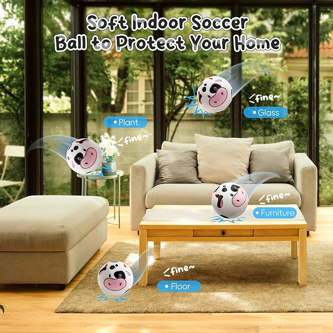 Silent Indoor Soccer Balls for Toddlers 1-3, Inflatable Soft Plush Baby Toddler Soccer Ball Toys Gifts for Kid 3-5 Year Old Boy Girl First Birthday Gift (Cow, Pump Include)