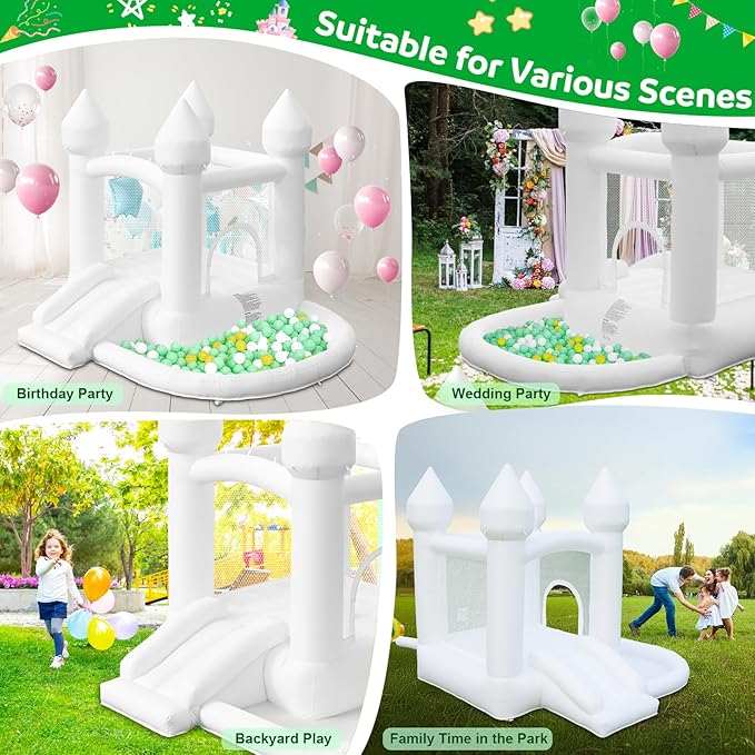 White Bounce House, Inflatable Bounce House with Ball Pit & Slide, Kids Indoor Bounce House Portable Fun House Outdoor Bounce House with Blower for Birthday Party, Wedding Decor