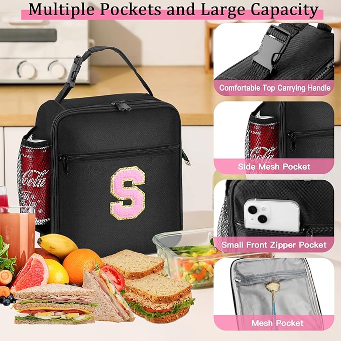 Initial Insulated Lunch Bag, Lunch Box with Initial Letter Patch for Teen Adult, Reusable Lunch Bag for Men Women, Ideal Back to School Gift Birthday Gift, Pink S