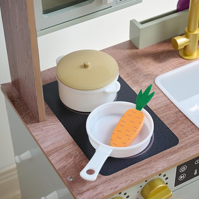 Teamson Kids Little Chef Lake Tahoe Smart Play Kitchen with Washing Machine, Oven, Microwave & Ample Storage, Neat & Compact Healthy Play for Age 3+, Sage Green