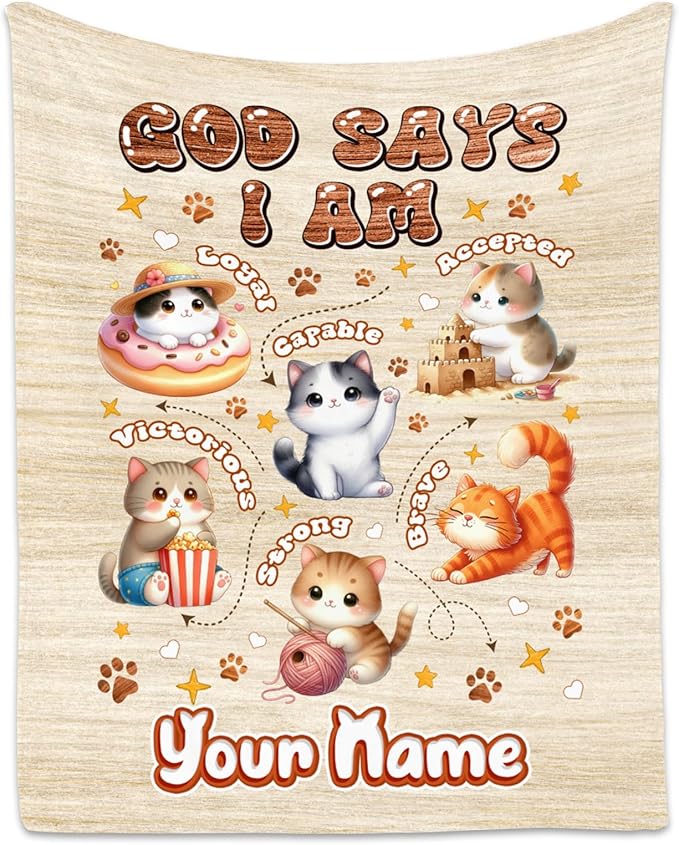 Personalized Cat Blankets with Name, Cat Themed Gifts for Girls Cat Lovers, Animal Print Blanket with Cats on It, God Says I Am Blanket for Kids Daughter Son, Fleece Throw Blankets for Chair, 30"x40"