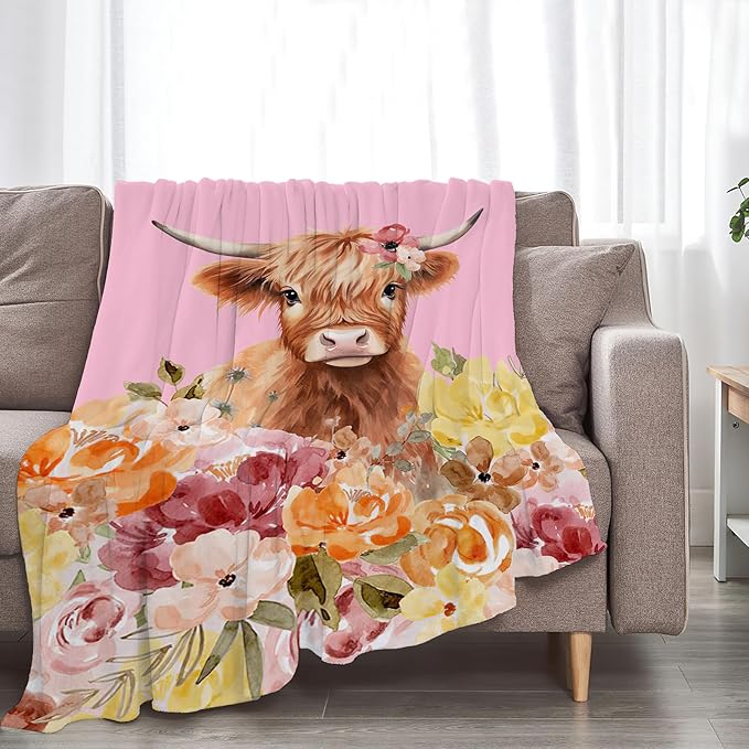 Highland Cow Blanket Ultra Soft Cozy Longhorn Cow Throw Blanket Fleece Fuzzy Plush Bedding Cow Lovers Gifts for Women Girls Kids Adults 60"x50"