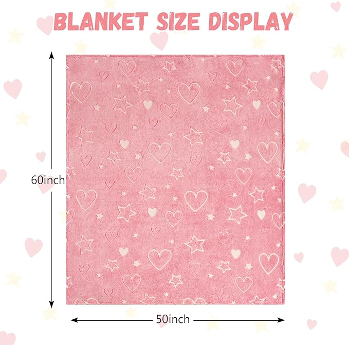 Glow in The Dark Heart Blanket,Heart Gifts Toys for Girls, Birthday Presents Decor for Kids Age 3-14 Year Old Daughter Teen Child Toddler Soft Luminous Christmas Bedroom Throw Blanket 50"x60"