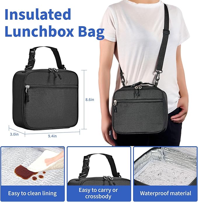 Bento Box for Kids with Thermo Food Container (9oz), 4-Compartment Lunch Box, Adjustable Divider, Leakproof Bento Lunch Box, Includes Utensils & Carry Bag for School, Office(Black-Game)