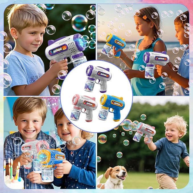3 Pack Bubble Guns with Bubbles Solution: Automatic Bubble Maker Machine for Boys Girls, Bubble Guns Outdoor Toys for Toddlers, Party, Wedding Birthday Gifts for Ages 3 4 5 6 7 8 Year Old Kid