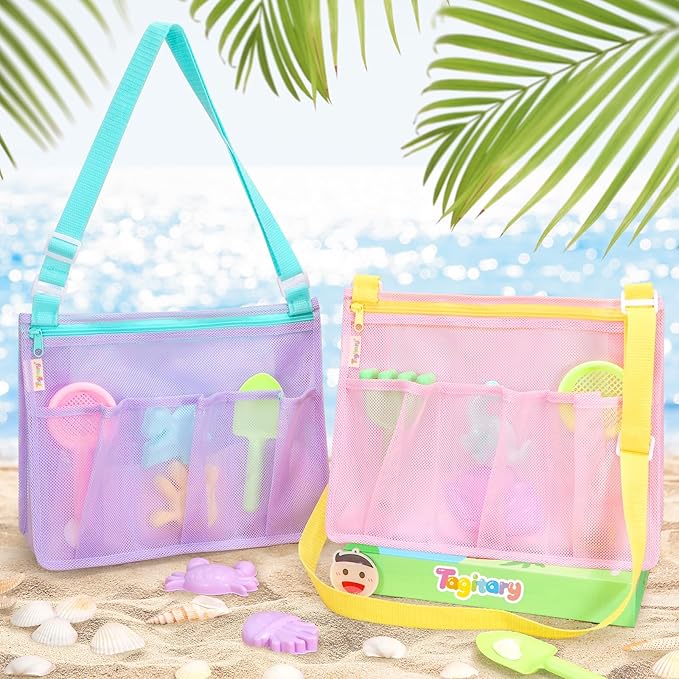 Tagitary Beach Toys Mesh Beach Bags with Zipper, Kids Pool Sand Toys Seashell Crossbody for Boys and Girls Summer Vacation Essentials